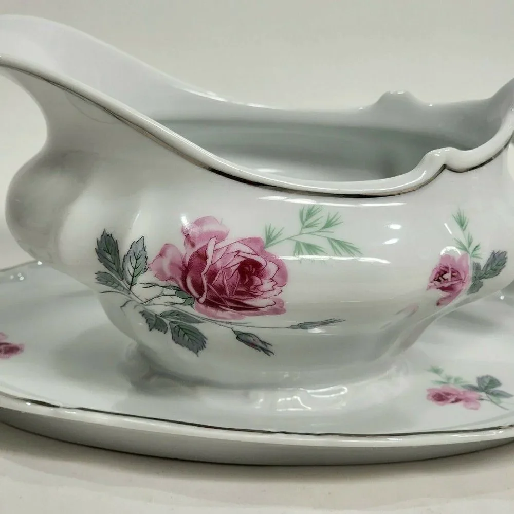 Home‎ Arts ENCHANTED ROSE Pink Gravy Boat with Attached Underplate Germany